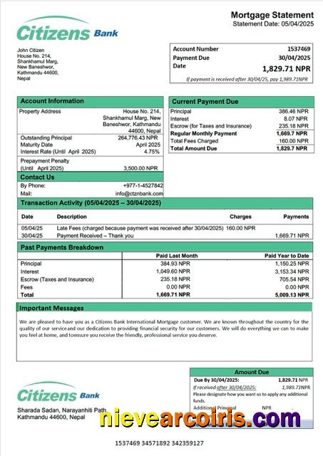 Nepal Citizens Bank International mortgage statement Word and PDF template